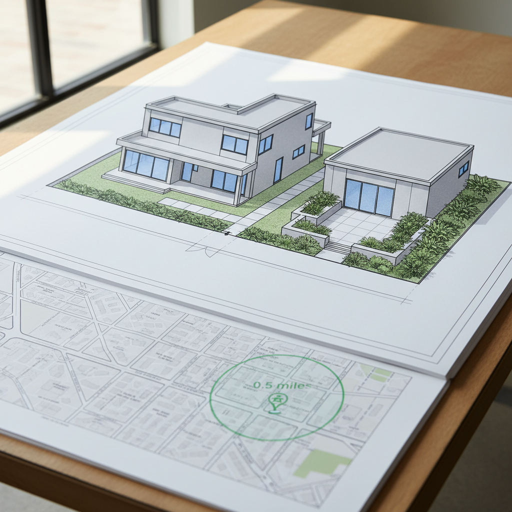 AB 2097: ADU Parking Eliminated Near Transit — An architectural blueprint or 3D rendering of a residential property showing the main house and a detached ADU. T