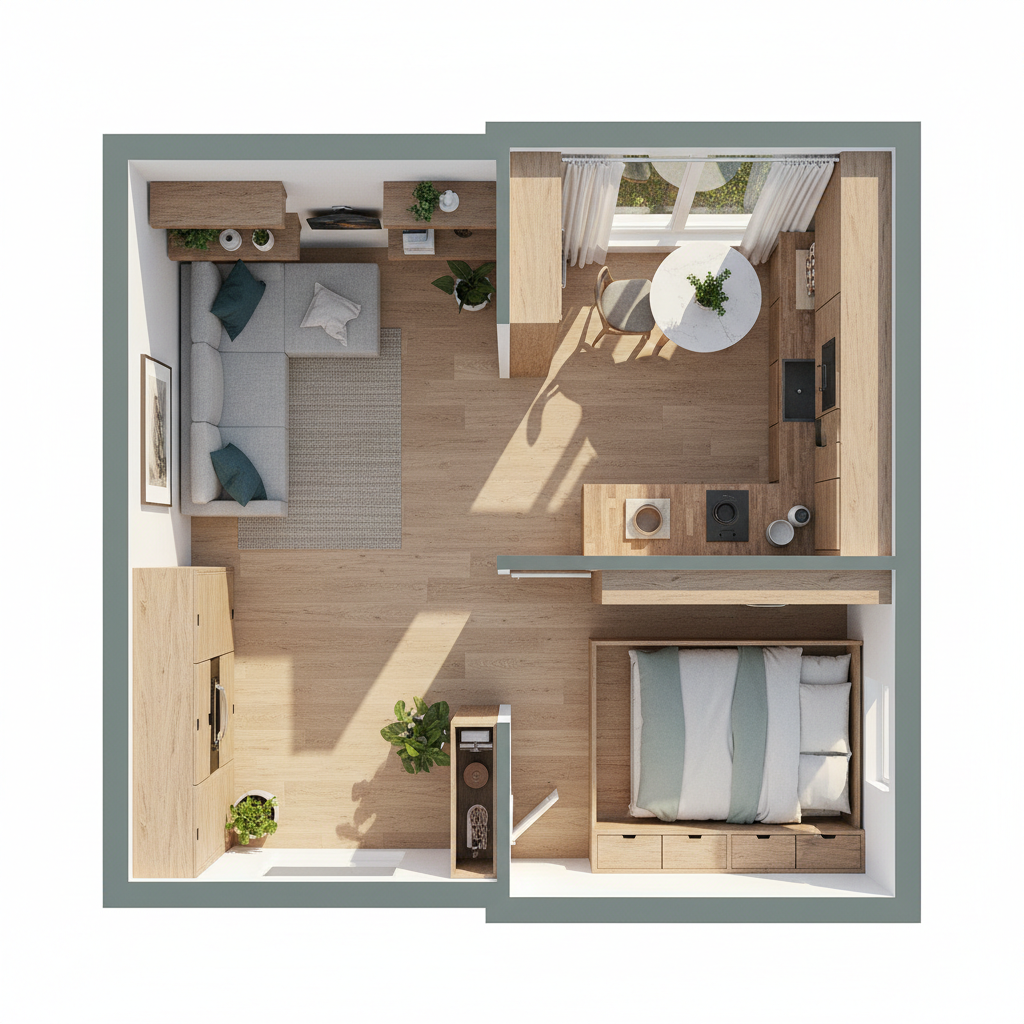 Studio vs. 1-Bedroom ADU: Choosing Your Ideal Layout — An aerial view or floor plan illustration of a compact, well-designed studio ADU, highlighting the open-c