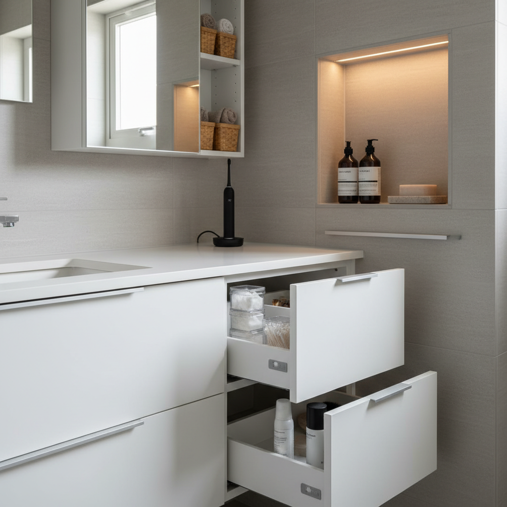 Design a Functional ADU Bathroom in a Small Footprint — A close-up of clever storage solutions in a small ADU bathroom, including a recessed medicine cabinet fl
