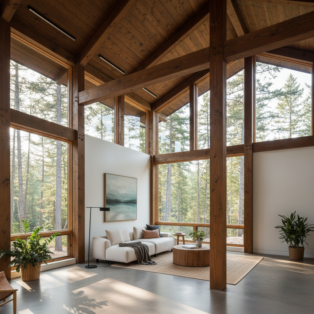 Post-and-Beam ADU Construction: Benefits & Design Guide — A conceptual, photorealistic interior rendering of a finished post-and-beam ADU living space, emphasiz