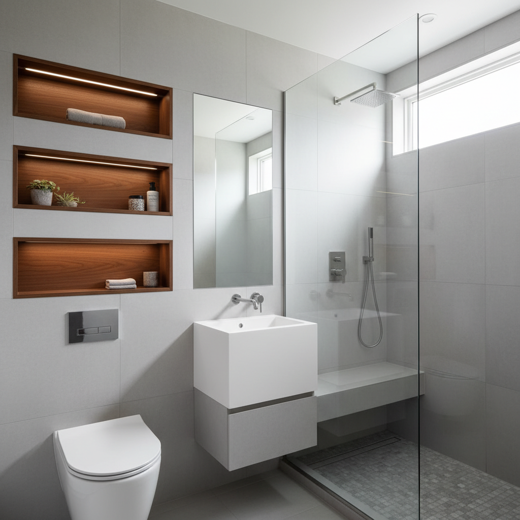 Design a Functional ADU Bathroom in a Small Footprint — An example of an ultra-compact linear ADU bathroom layout, showcasing a wall-mounted toilet, a narrow tr