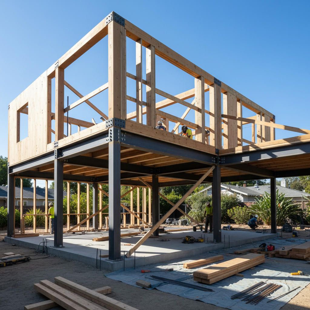 What Does a Structural Engineer Do for Your ADU Project? — An ADU under construction, clearly showcasing its robust timber framing or steel skeleton against a c