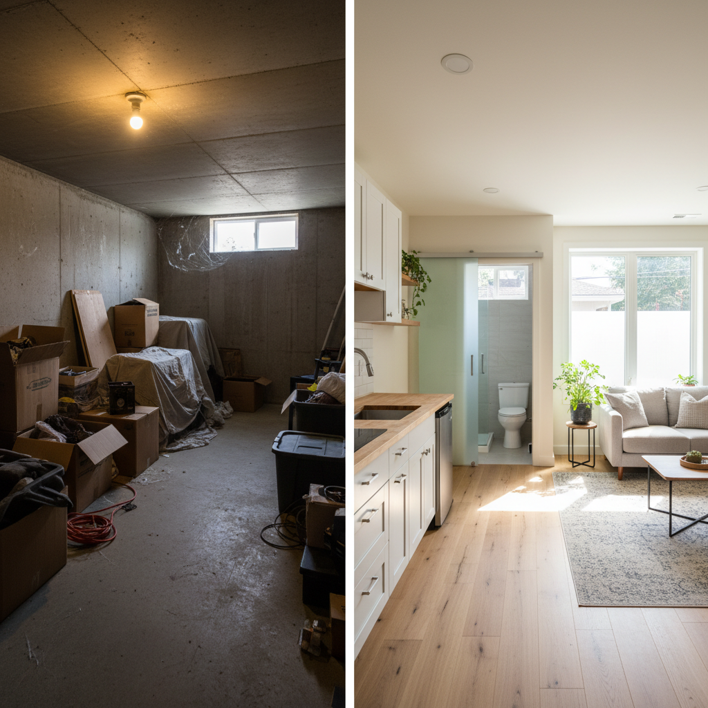Interior Conversion ADU vs. Garage Conversion ADU — A photorealistic, before-and-after split image showing a dimly lit, cluttered basement on one side and a bri