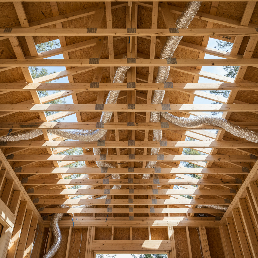 ADU Rough Framing: What It Is & What It Includes — An interior view of an ADU rough frame, looking up towards the ceiling and roof. The image should clearly dis