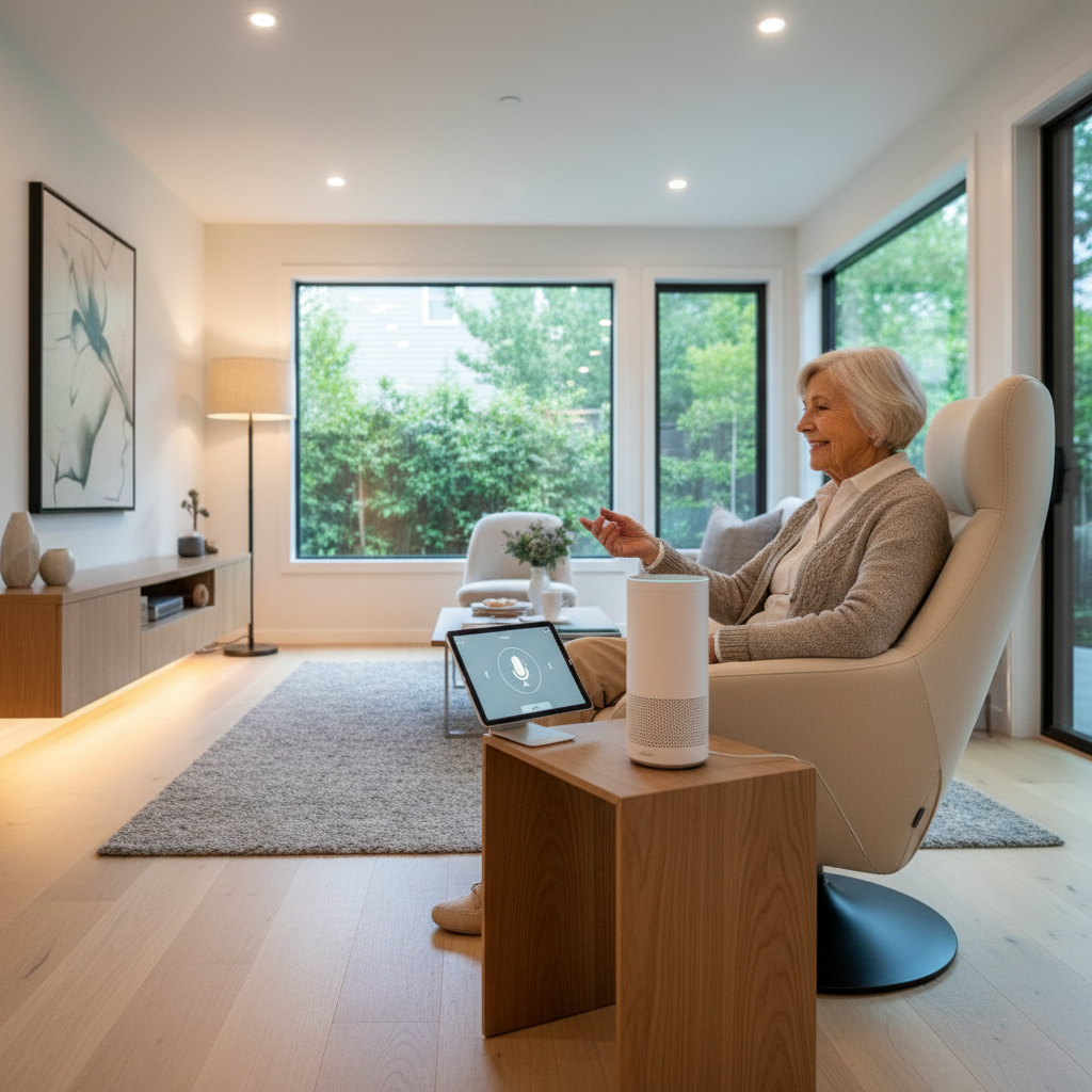 Designing an ADU for an Aging Parent: Essential Features — An elderly woman comfortably using a voice-activated smart home device in a well-lit living area of a