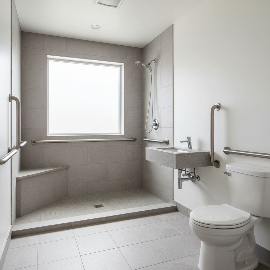 Accessible ADUs: Requirements & Design Benefits in CA — A clean, contemporary accessible bathroom in an ADU. It showcases a curbless, roll-in shower with a buil