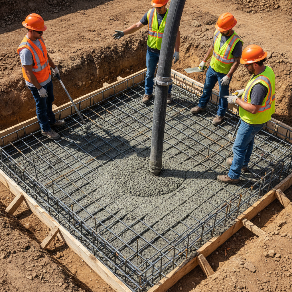 ADU Construction Phases: Your Path to a Backyard Home — A close-up, detailed shot of an ADU foundation being poured, with rebar clearly visible before the concr