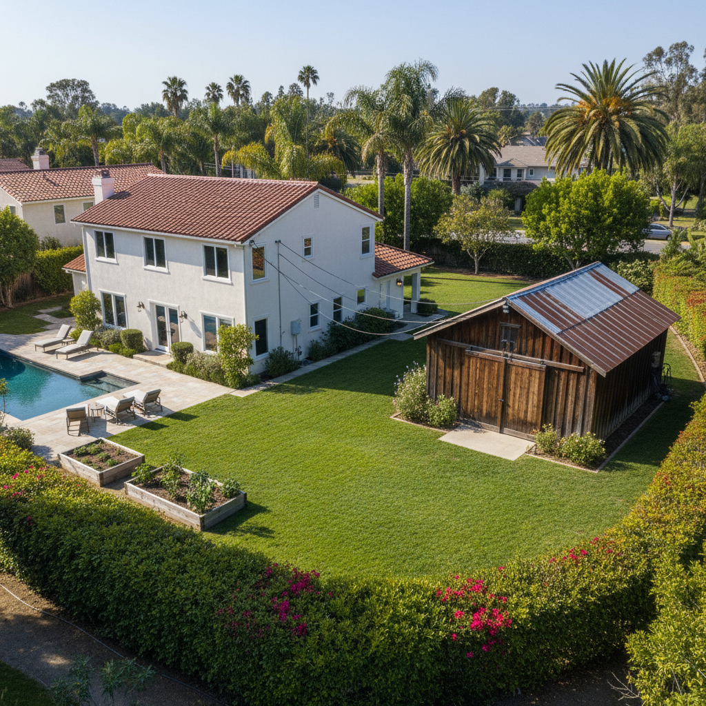 Converting Your Detached Workshop or Storage Building into an ADU — An aerial view of a suburban California backyard, showing an existing detached wooden worksh