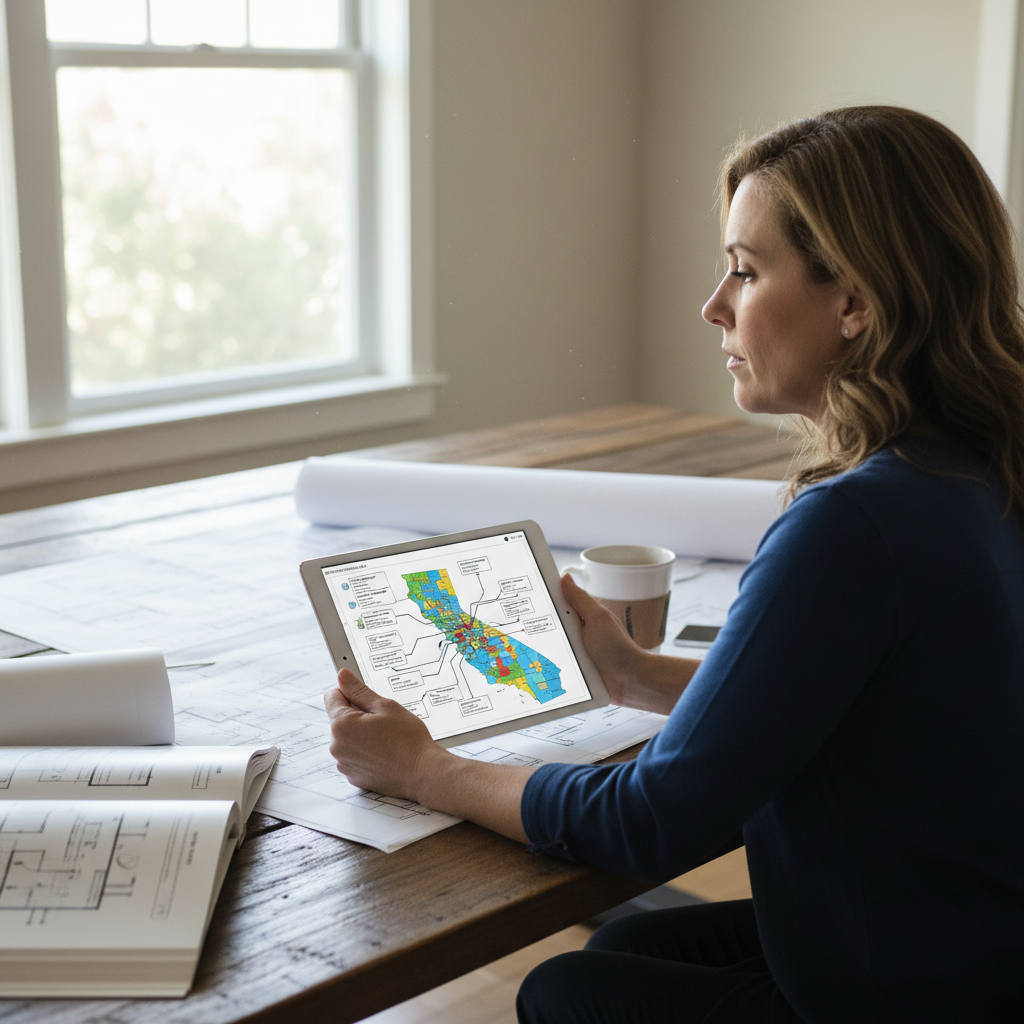 ADU Short-Term Rental Restrictions in California: A Guide — A homeowner looking thoughtfully at a tablet displaying a complex flow chart or map of California ci