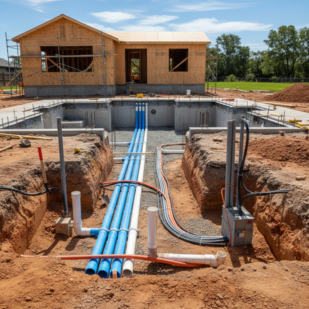ADU on a Lot With a Pool: Design Considerations — A detailed shot of utility connections (water pipes, electrical conduits) being carefully routed underground n