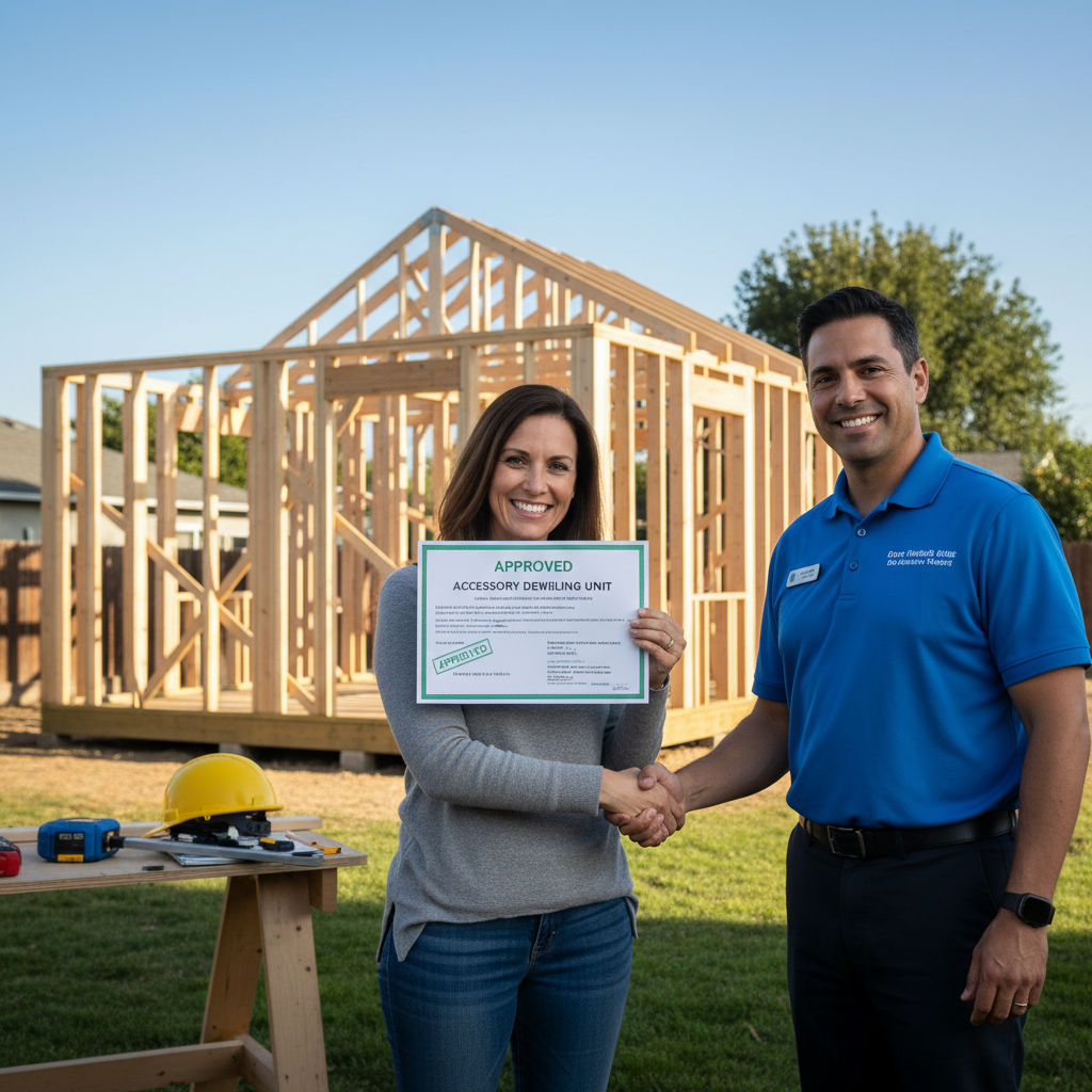Building Department Correction Letters for ADUs: A Guide — A cheerful homeowner receiving a final, approved ADU building permit from a city official (or symboli