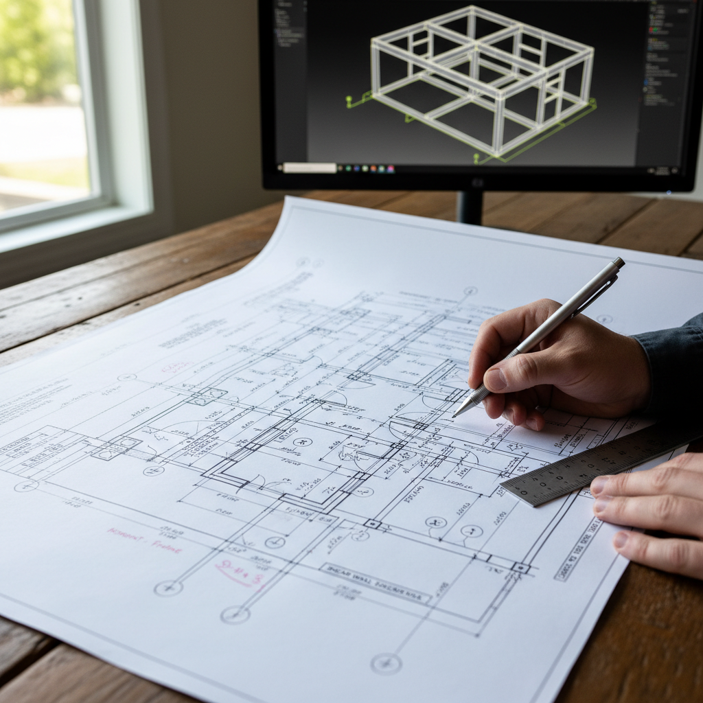 What Does a Structural Engineer Do for Your ADU Project? — A close-up, high-angle shot of a detailed structural drawing or blueprint for an ADU, spread out on a