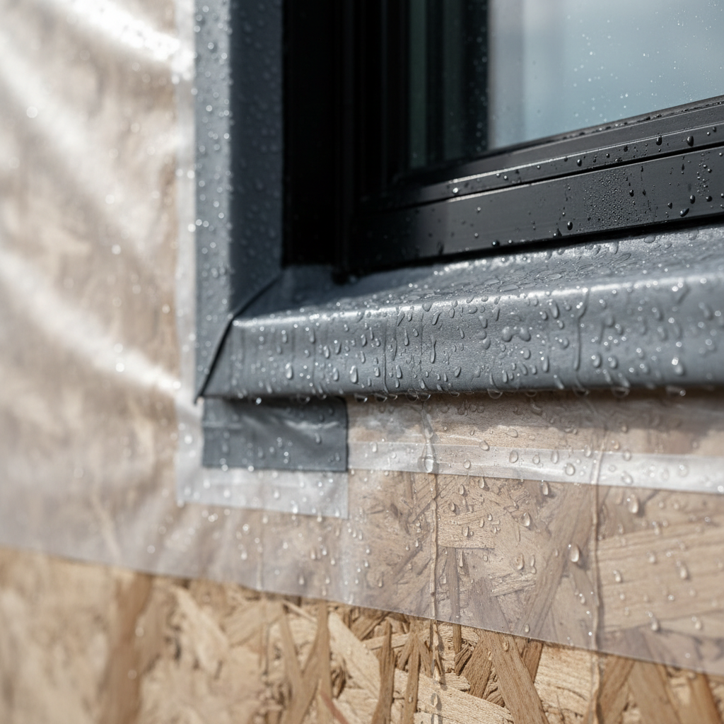 Building Wrap in ADU Construction: Why It's Essential — A close-up, photorealistic shot of a modern building wrap material, showing its texture and how it's int