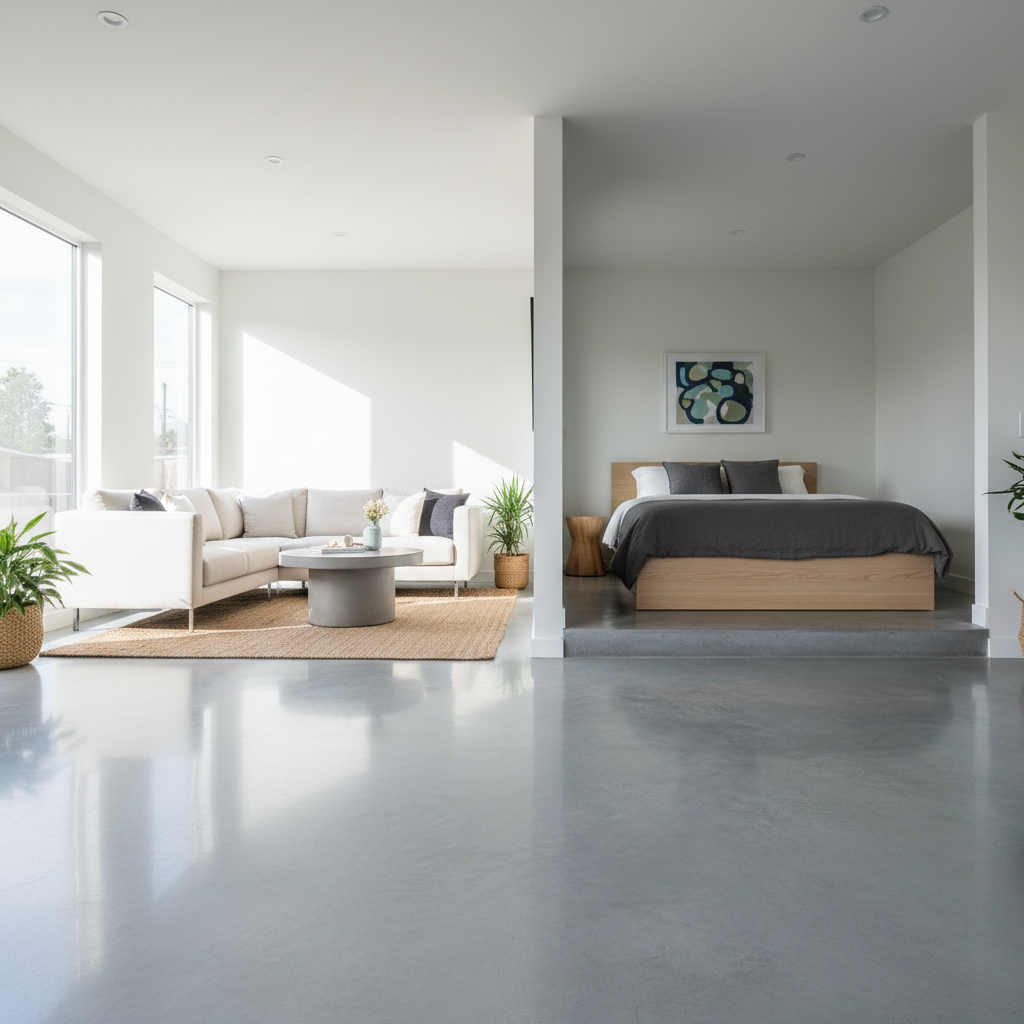 Choosing the Best Flooring for Your Small ADU — A modern, sleek polished concrete floor in a light-filled ADU, showcasing its smooth, glossy, industrial-chic ae