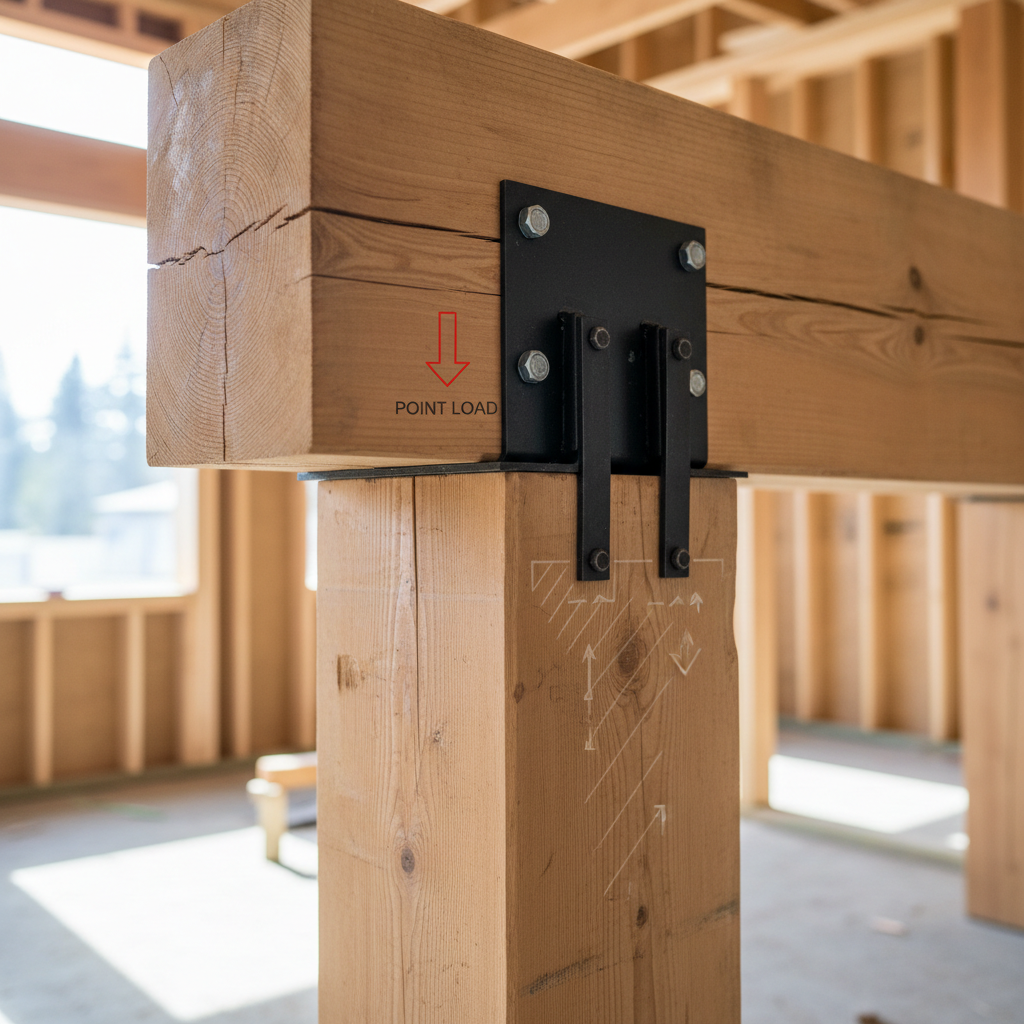 ADU Point Loads: Understanding Structural Engineering — A close-up, photorealistic view of a section of an ADU's framing, showing a heavy timber beam resting on