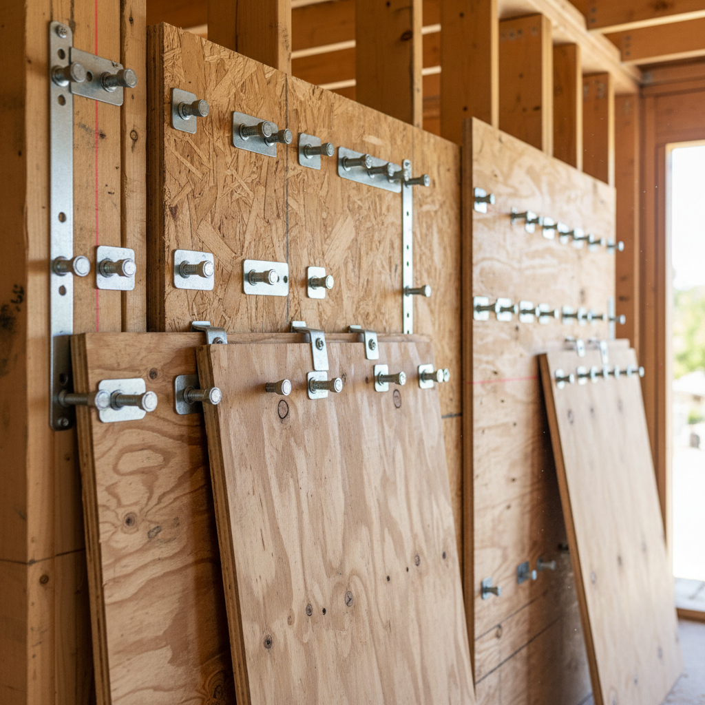 Shear Walls: Essential for California ADUs — Close-up view of different shear wall materials like plywood, OSB, and engineered wood panels being installed on an