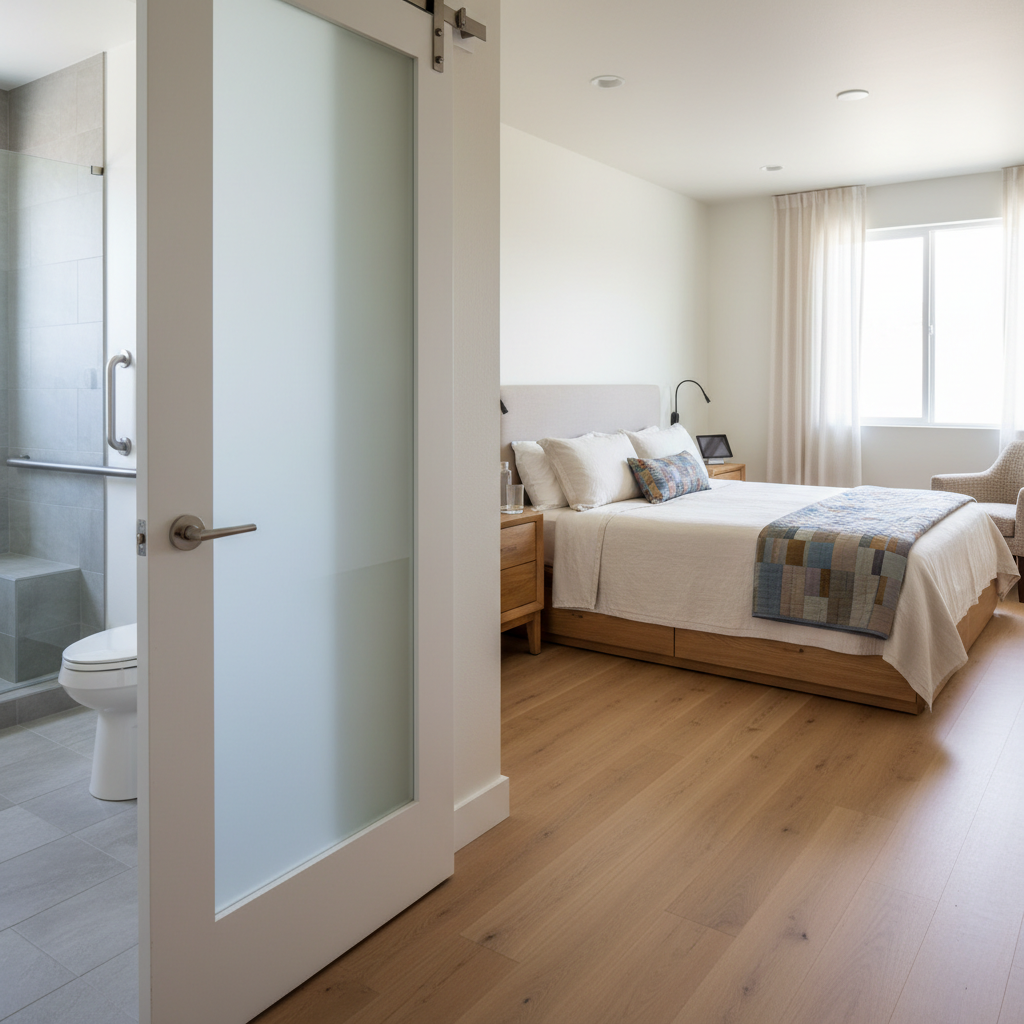 How to Design an ADU Bedroom for Flexible Living Over Time — An ADU bedroom designed with accessibility in mind, featuring a wide doorway, lever handle, and cle
