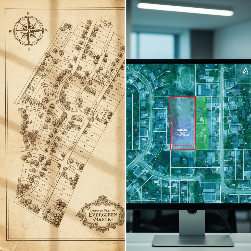 Recorded Maps & ADU Eligibility in California: A Guide — A split image or composite showing: on one side, a historical, hand-drawn subdivision map with intricat