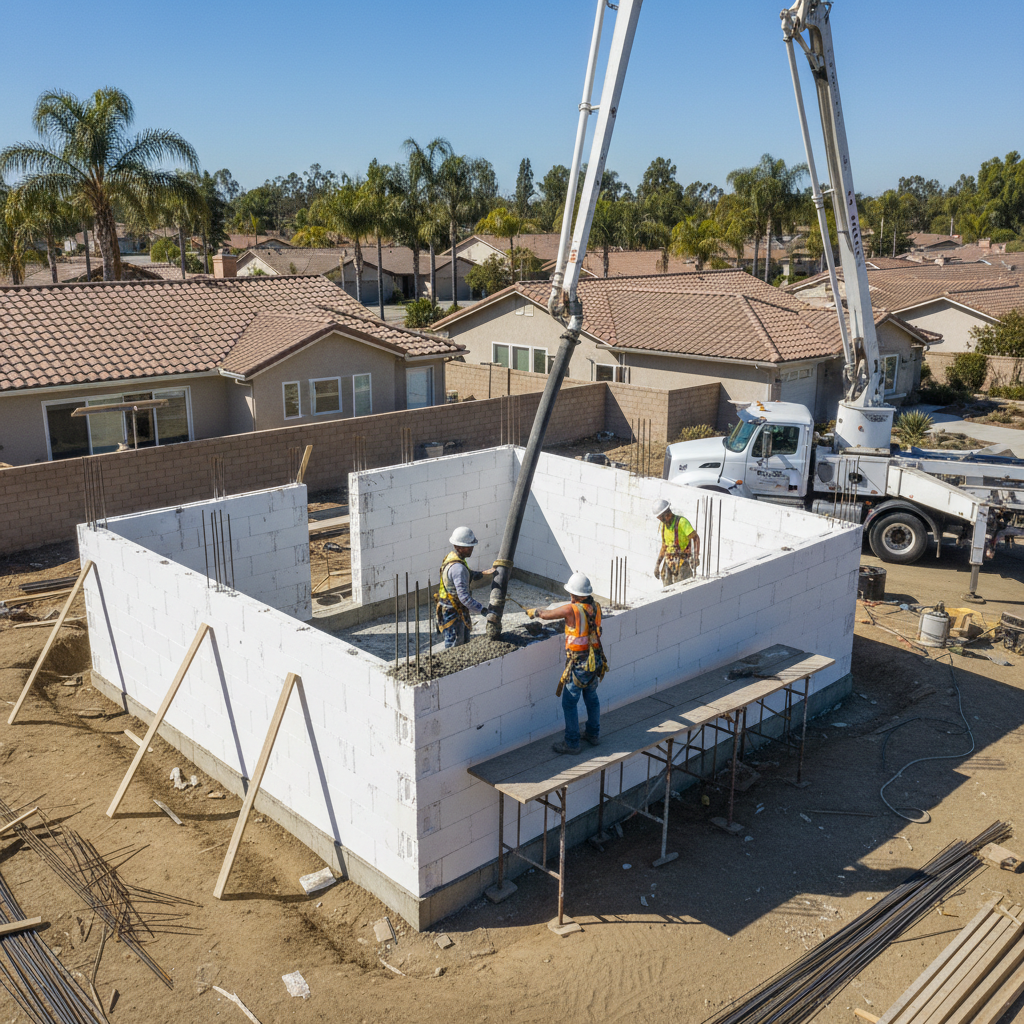 ICF ADU Construction: Build a Resilient, Efficient Backyard Home — An aerial view of an ADU construction site in California during the ICF concrete pouring phas