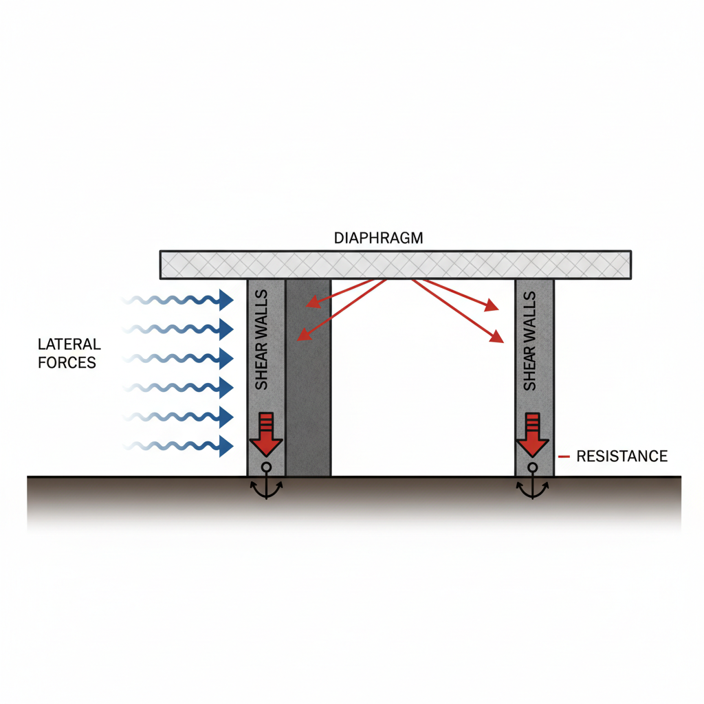 ADU Structural Diaphragms: Engineering for Safety & Durability — A diagram illustrating the interaction between a horizontal diaphragm (representing a roof or f