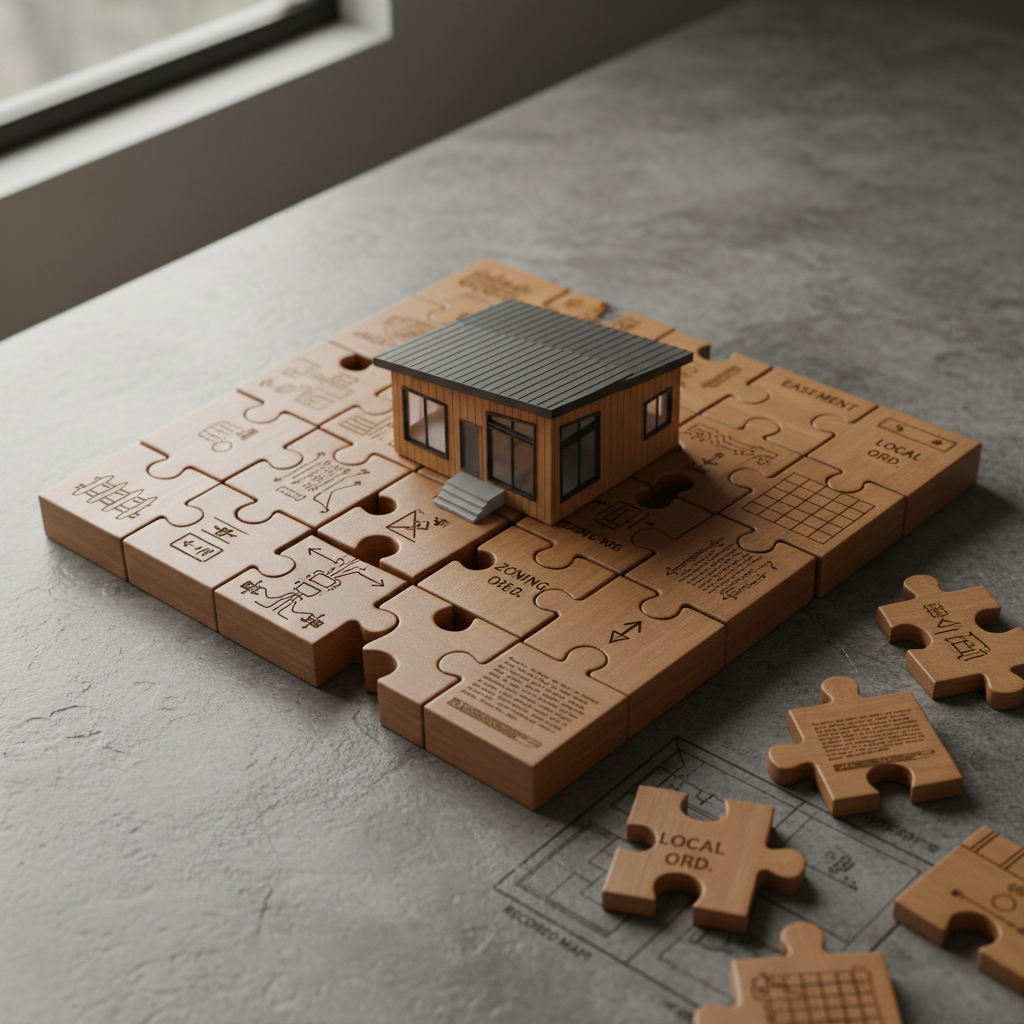 Recorded Maps & ADU Eligibility in California: A Guide — A visual metaphor of a complex puzzle, where different interlocking pieces represent property boundarie
