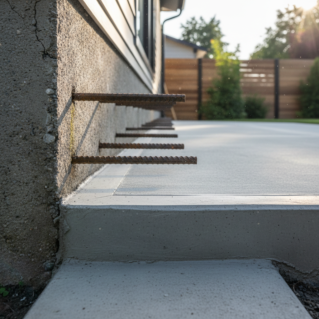 What Is a Dowel Bar and How It Is Used in ADU Foundation and Slab Work — A detailed view of a newly poured concrete slab for an ADU connecting seamlessly to an