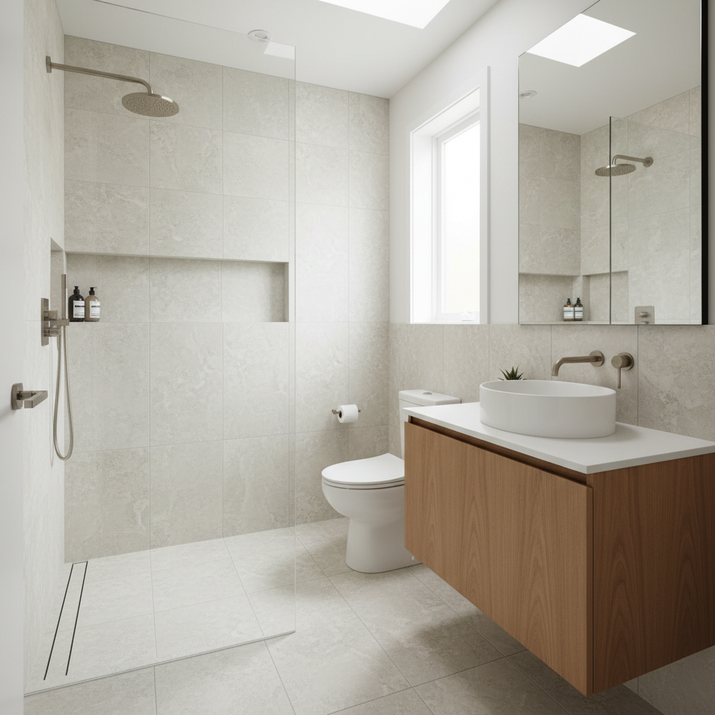Wet Room Bathrooms in Small ADUs: A Comprehensive Guide — An interior shot of a small, well-designed wet room ADU bathroom. The shower area seamlessly blends in