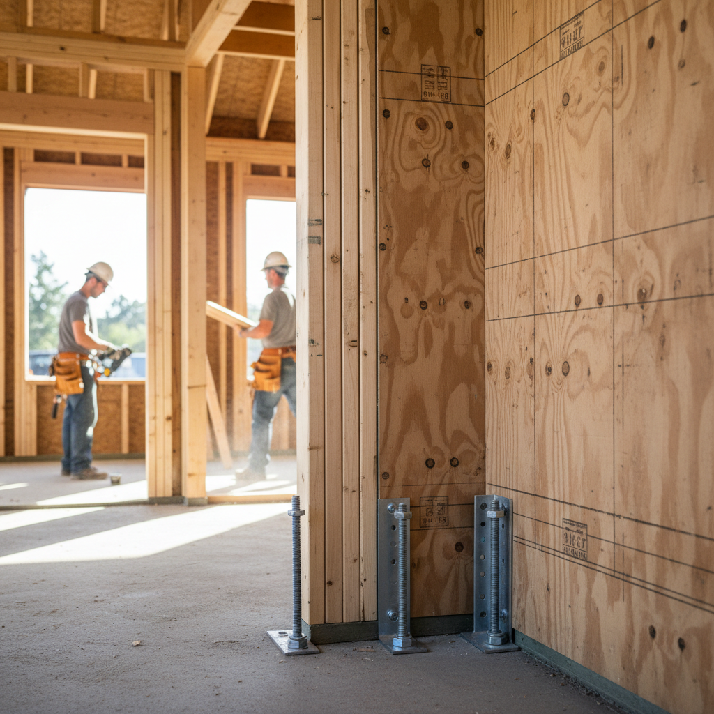 California ADU Seismic Requirements: What Gets Engineered & Why — A photorealistic interior view of an ADU wall during construction, clearly showing plywood she