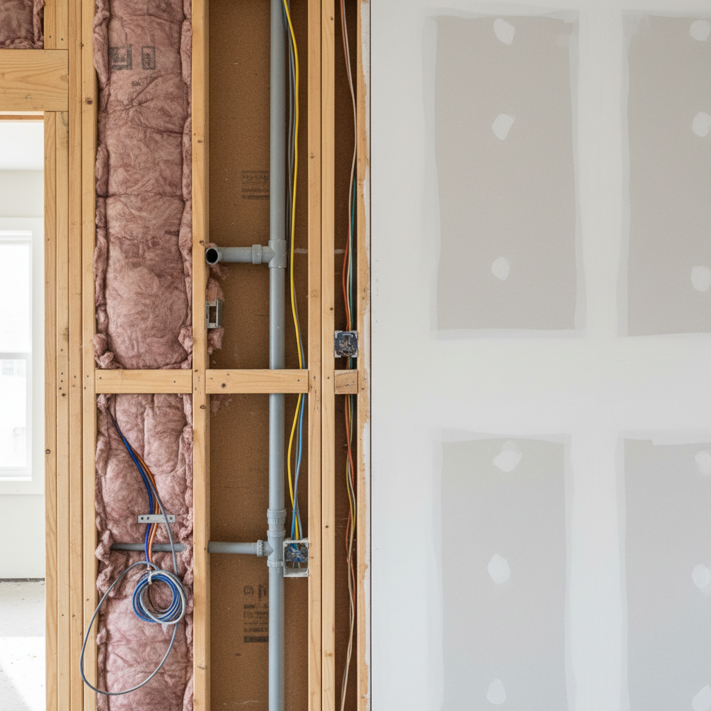 Photorealistic interior construction photo showing a wall with exposed wooden framing on one side and finished drywall on the other side. The exposed side shows