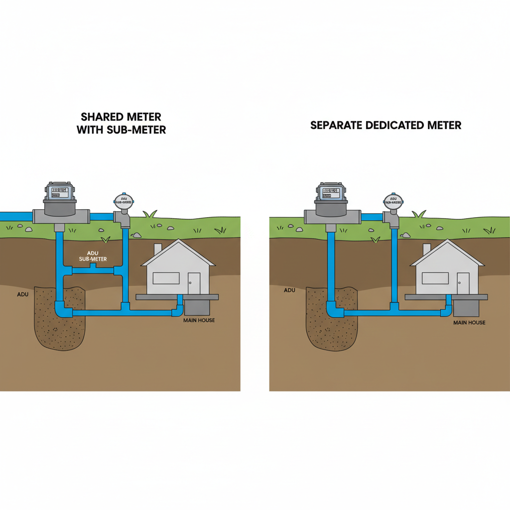 ADU Plumbing Explained: Water & Sewer Connections — A side-by-side comparison illustrating a shared water meter connection with a sub-meter for an ADU versus a
