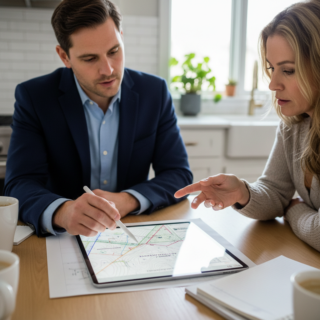 Recorded Maps & ADU Eligibility in California: A Guide — A close-up of an architect or planner pointing at specific details on a large, unfolded blueprint or a