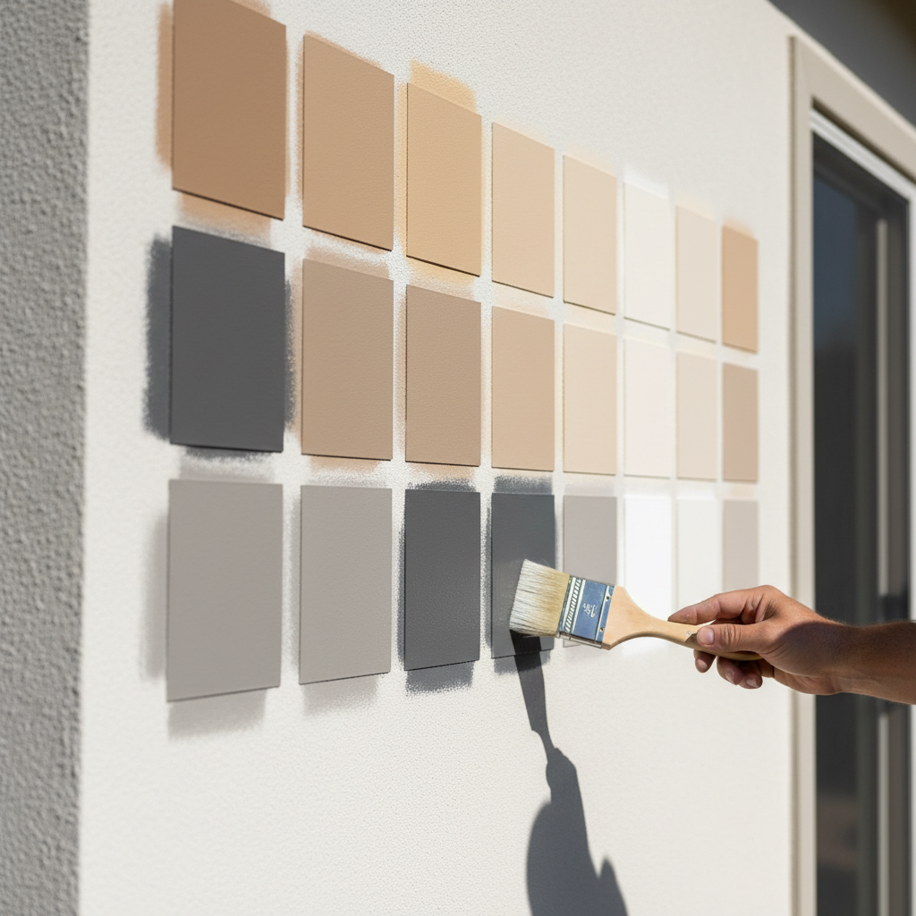 ADU Exterior Color Selection: Choosing Finishes That Work — A close-up shot of an ADU's exterior wall showing multiple large, painted color swatches in varying