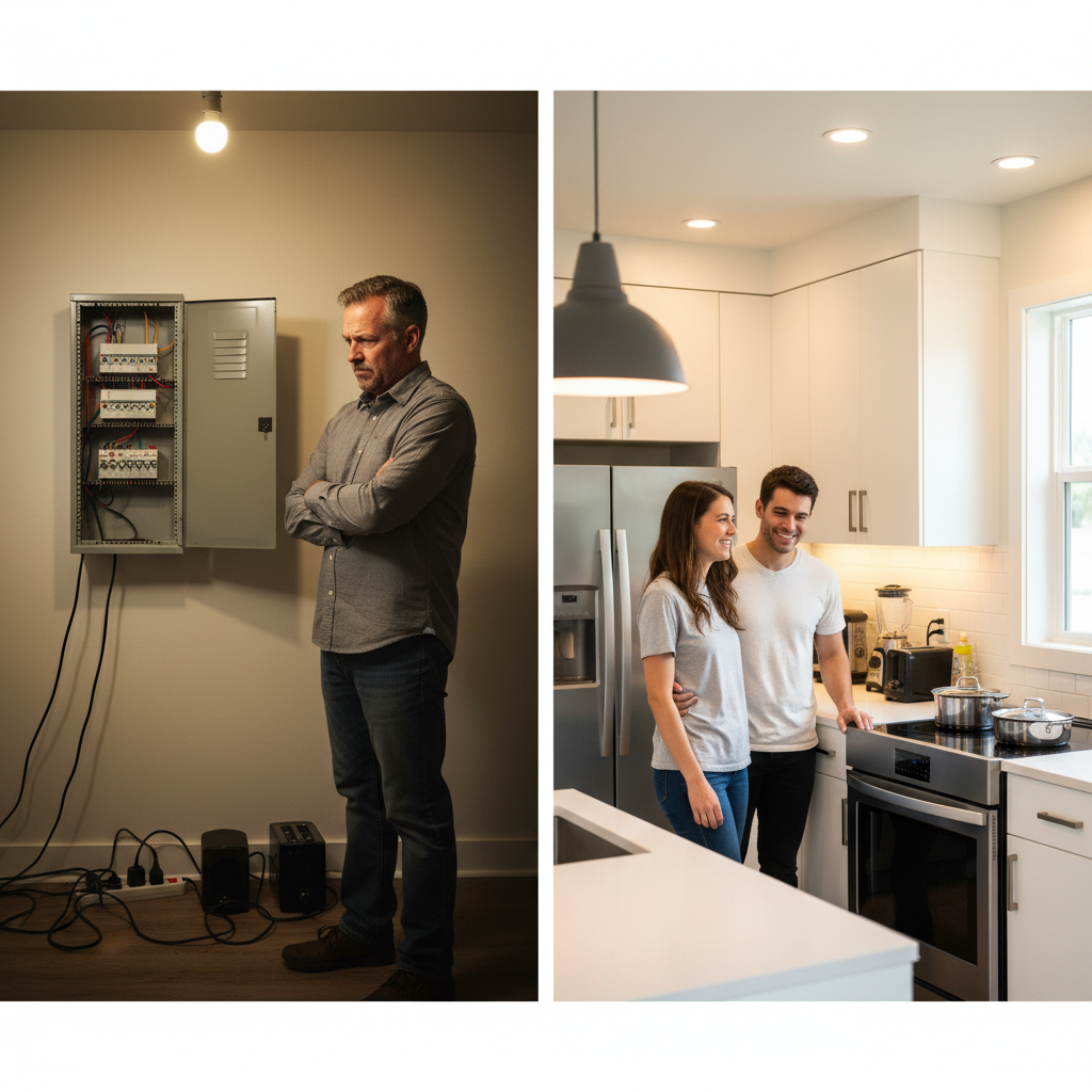 ADU Electrical Load Calculation: Why It's Crucial Before Permit — A side-by-side comparison image. On one side, a frustrated homeowner looking at a tripped circ