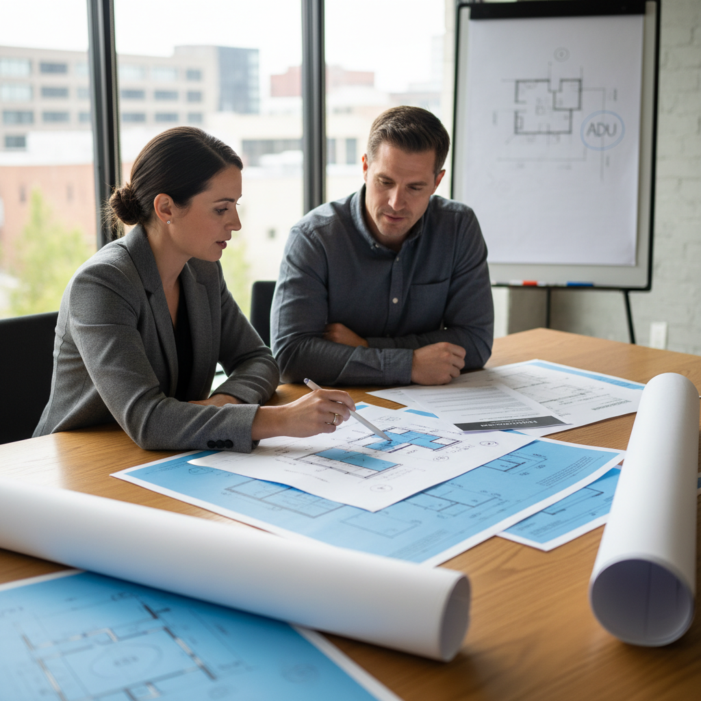 What to Do After an Unpermitted ADU Notice of Violation — An architect and a homeowner seated at a table, reviewing detailed blueprints and architectural drawin