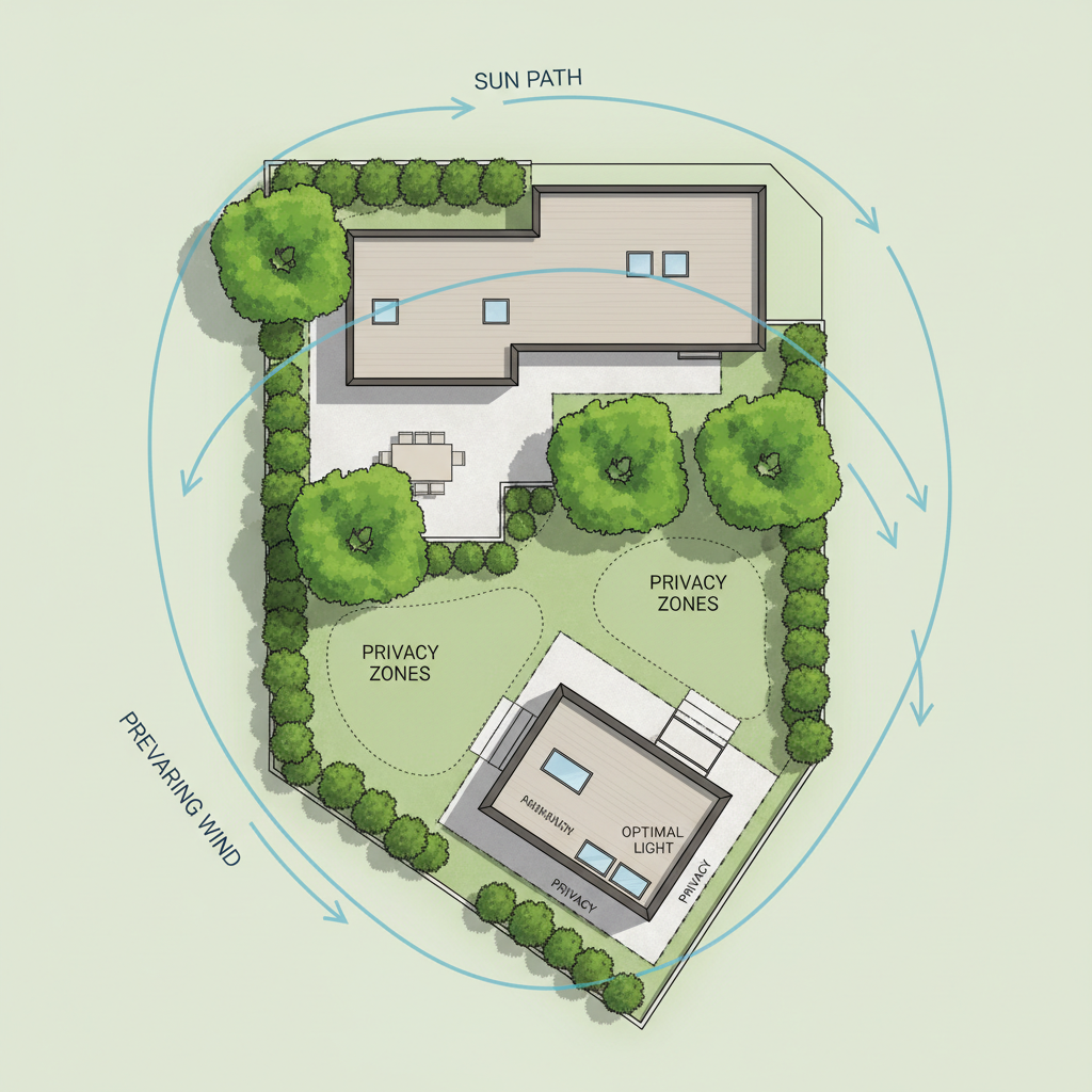18. How to Orient Your ADU on the Lot for Privacy and Natural Light — A site plan illustration showing a backyard with a main house and a new ADU. Arrows indica