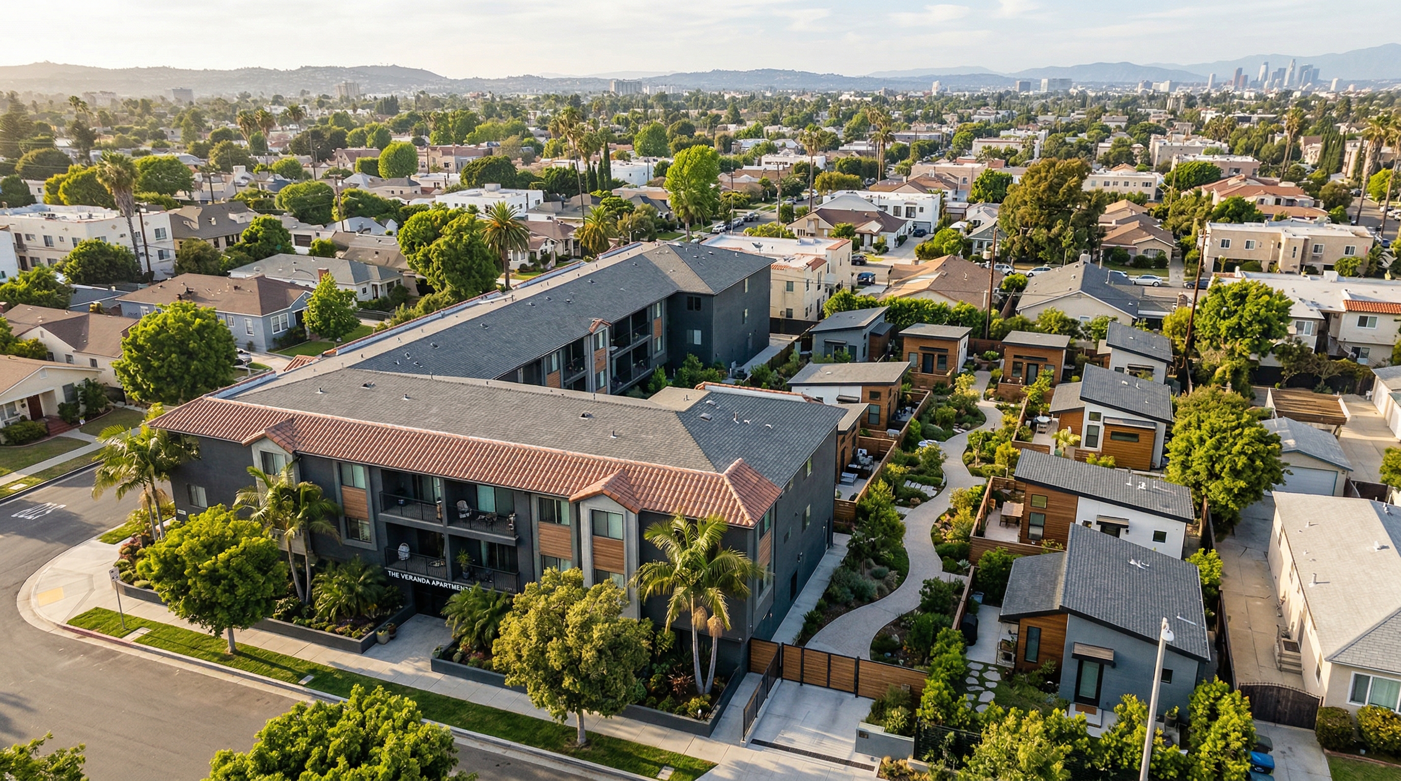 Aerial view of multifamily property with multiple ADU structures in Los Angeles