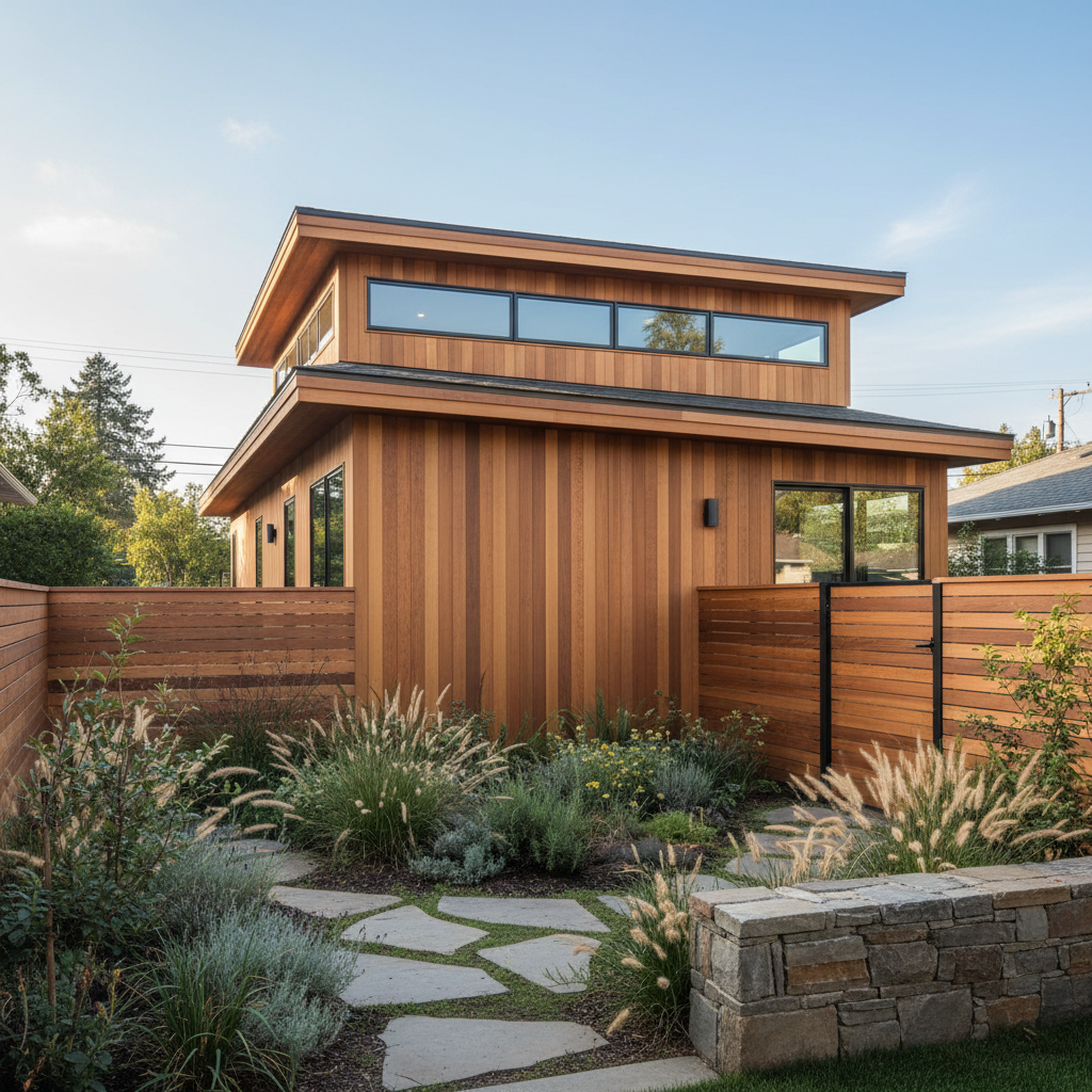 Clerestory Windows in ADUs: Brightening Your Backyard Home — Photorealistic, exterior view of a contemporary ADU featuring a prominent band of clerestory window