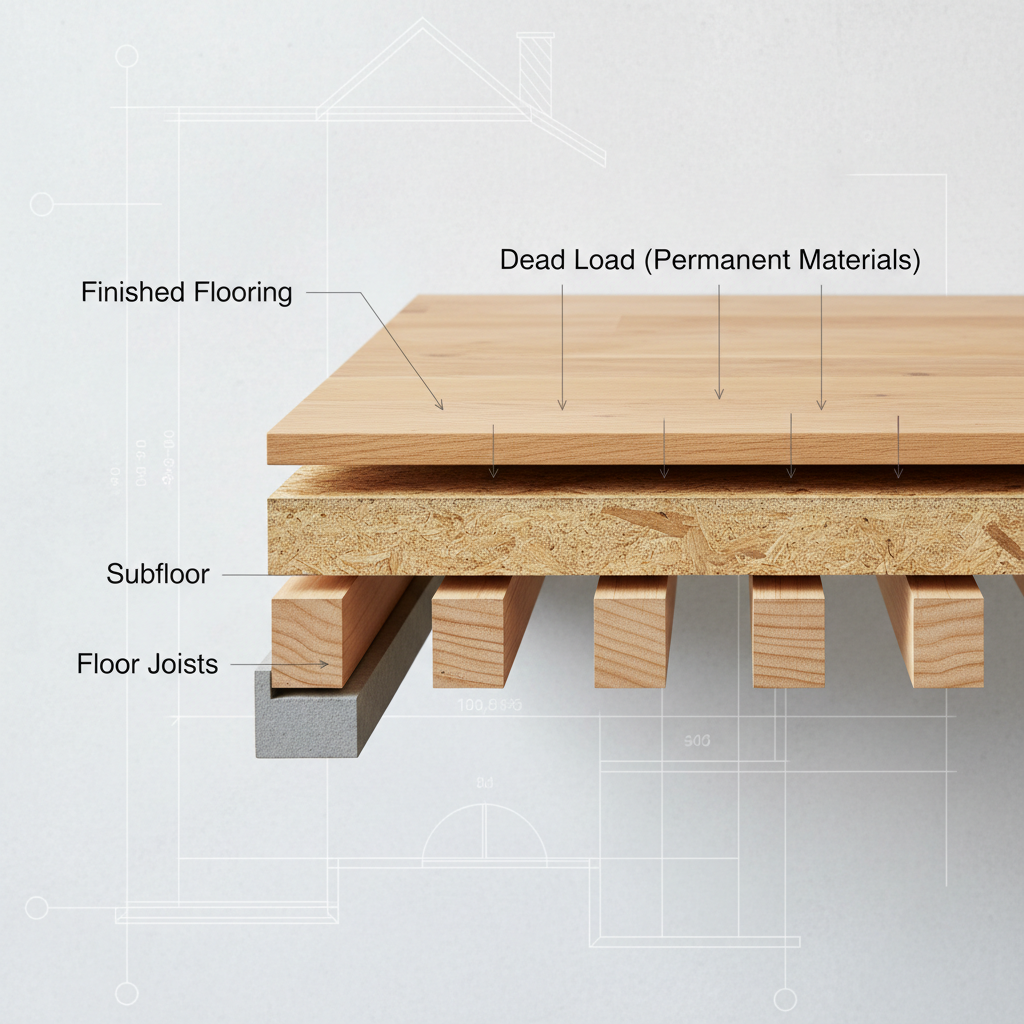 ADU Structural Engineering: Dead Load vs. Live Load Explained — A photorealistic cross-section diagram of an ADU's floor system, clearly labeling structural com