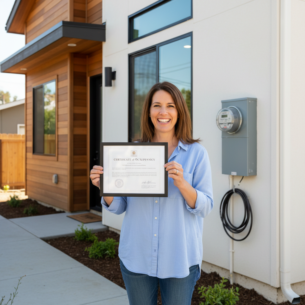 How ADU Projects Get Closed Out: From Final Inspection to Move-In — Photorealistic, a happy homeowner smiling and holding up a 'Certificate of Occupancy' docume