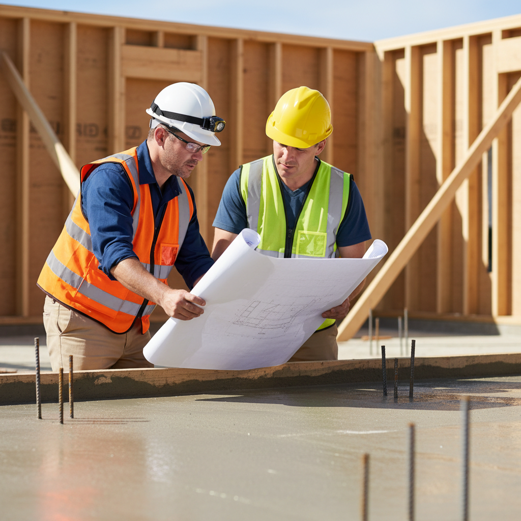 What Does a Structural Engineer Do for Your ADU Project? — A structural engineer in a hard hat and safety vest, reviewing detailed blueprints on an ADU construc