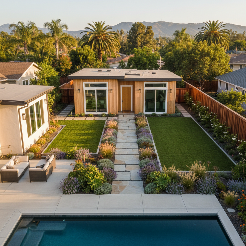 Substantial Completion in ADU Construction: Why it Matters — An aerial or wide shot of a finished ADU nestled in a Californian backyard, with a clearly defined