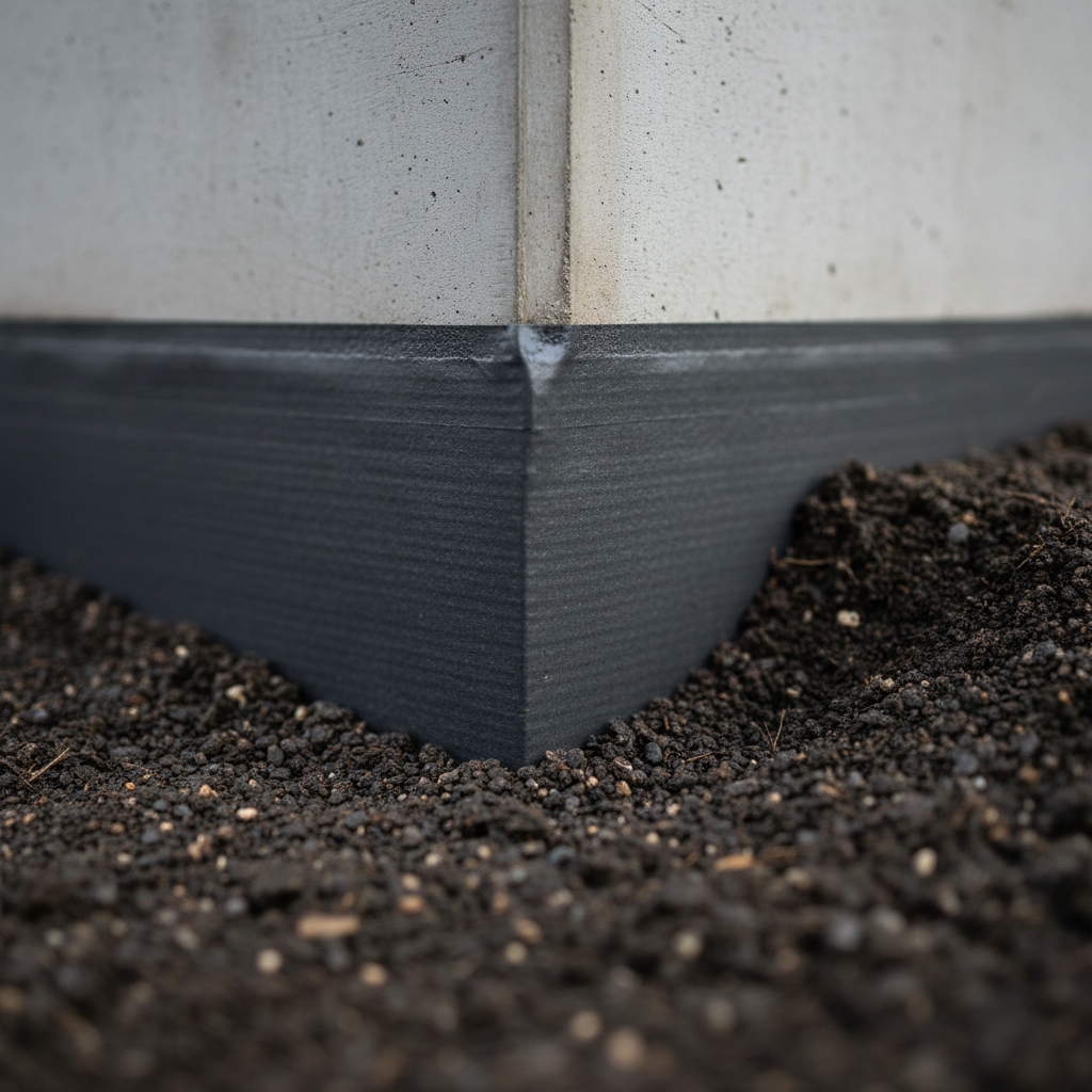 ADU Waterproofing: Protecting Your Backyard Home from Water Damage — A close-up, photorealistic cutaway view illustrating an ADU foundation wall. The image clea
