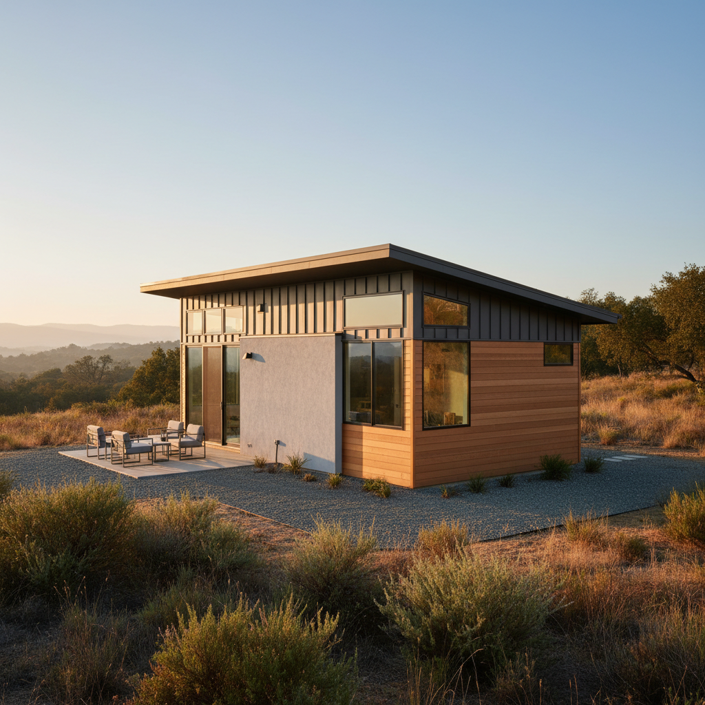 Natural Hazard Disclosure Zones & Your ADU Permit — A sleek, contemporary ADU exterior built with obvious fire-resistant materials like stucco, metal paneling,