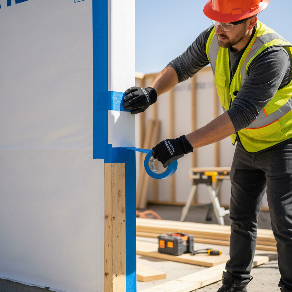 Building Wrap in ADU Construction: Why It's Essential — A photorealistic, well-lit image of a construction worker meticulously taping the seams of building wrap