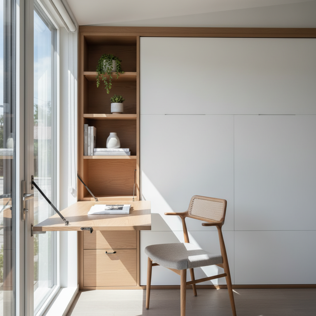 ADU Flex Space: Design for Multiple Uses & Maximize Value — Photorealistic image of a bright, modern ADU interior showcasing a multi-functional living space. A