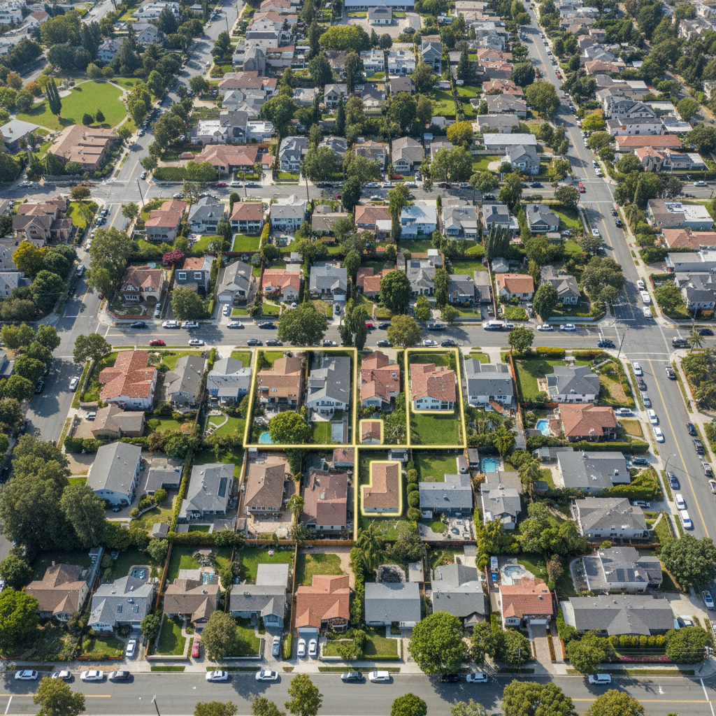 California's Housing Element: Paving the Way for ADUs — An aerial view or map-style graphic of a diverse California residential neighborhood, with several ADUs