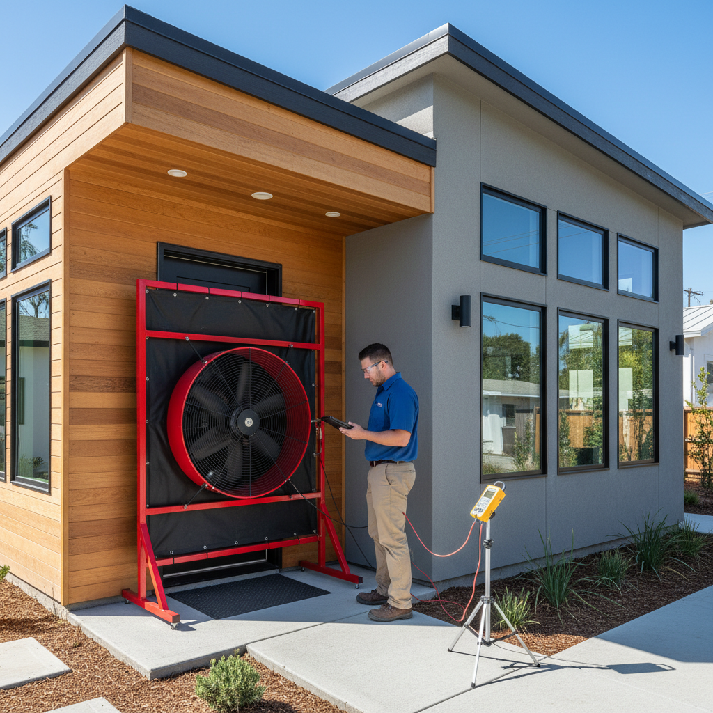 HERS Testing for ADUs: What to Expect During Construction — An exterior shot of an ADU with a large red 'blower door' fan frame installed in the main entry door
