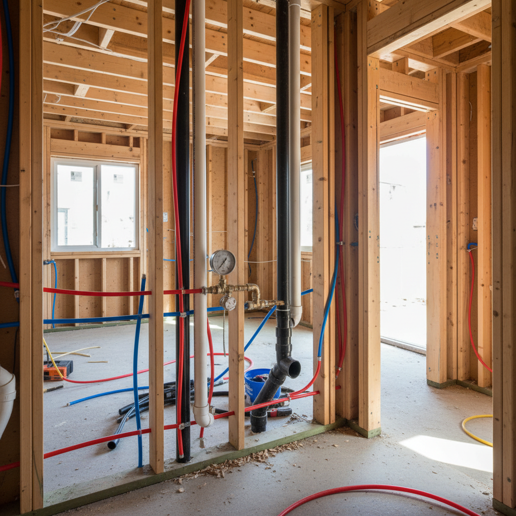 ADU Rough Inspection Checklist: What Gets Checked & Why It Matters — An interior view of an ADU during the plumbing rough-in phase. Exposed PEX or copper water