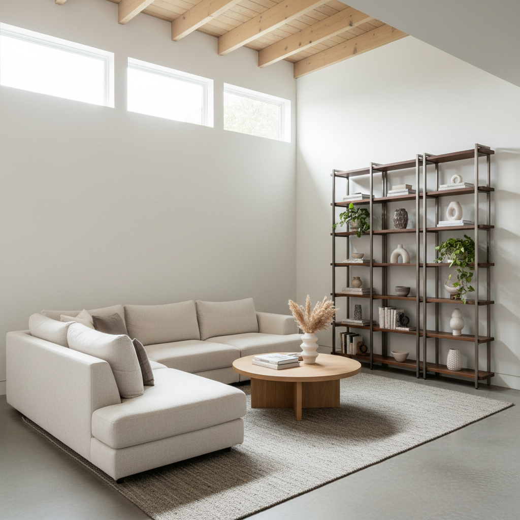 Clerestory Windows in ADUs: Brightening Your Backyard Home — Photorealistic, interior shot of an ADU living room bathed in soft, diffused natural light from hig