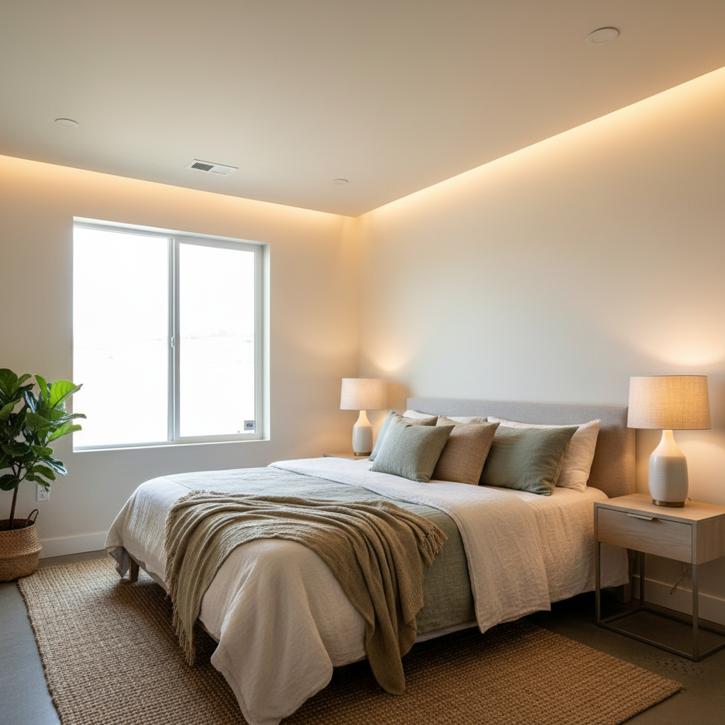 ADU Lighting Design: Plan Before Drawings Go to the City — Photorealistic, cozy ADU bedroom with soft, layered lighting. Features a large window with natural li